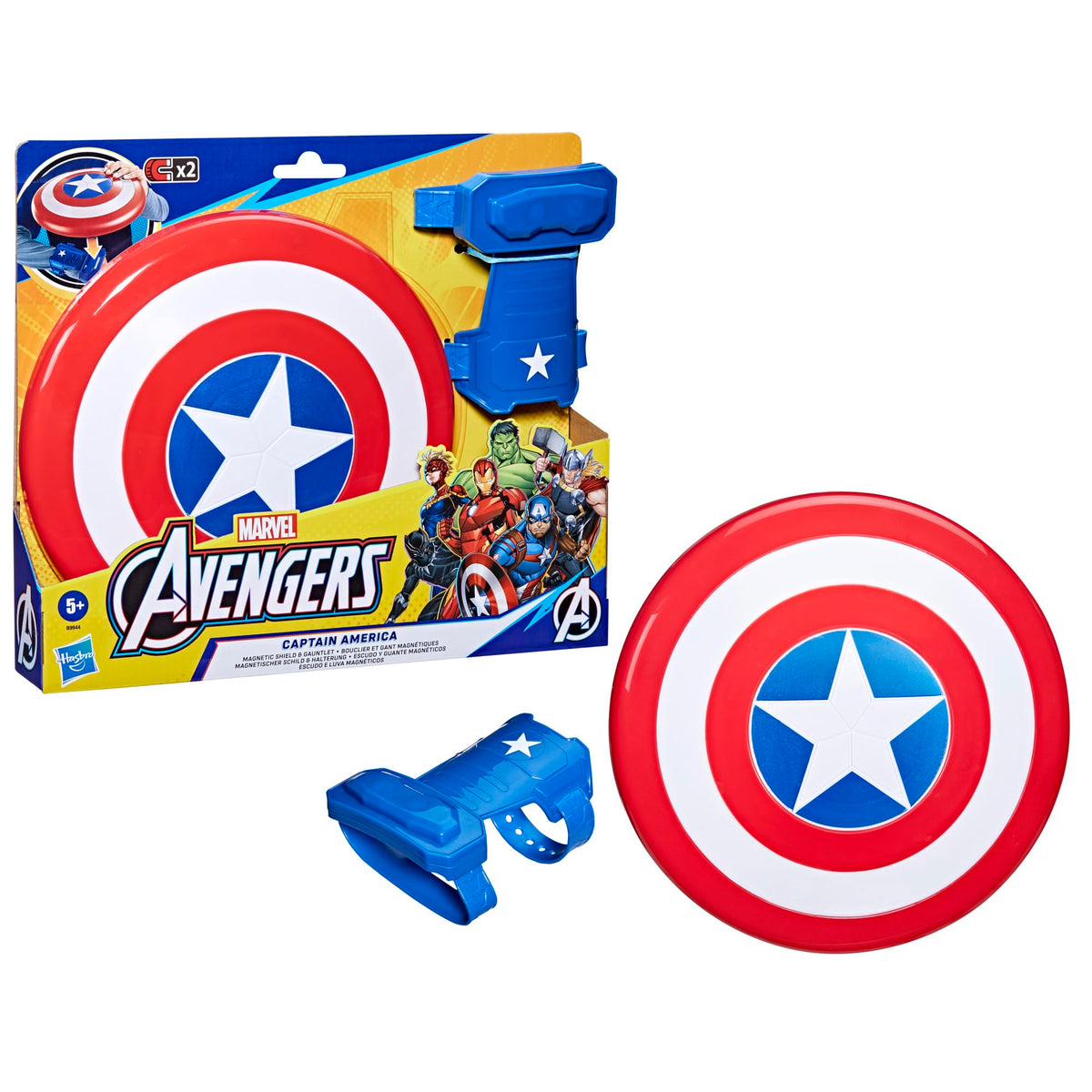 Magnetic shield attached to gauntlet enables quick, secure action play.