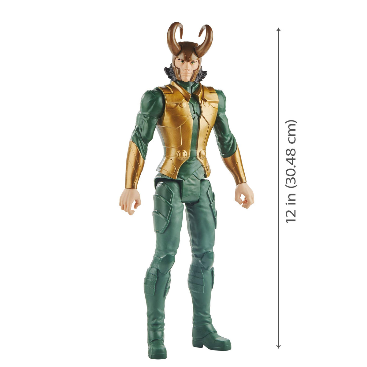 Avengers Loki 12-inch action figure, backpack port, showcases Blast Gear launcher compatibility.