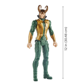 Avengers Loki 12-inch action figure, backpack port, showcases Blast Gear launcher compatibility.