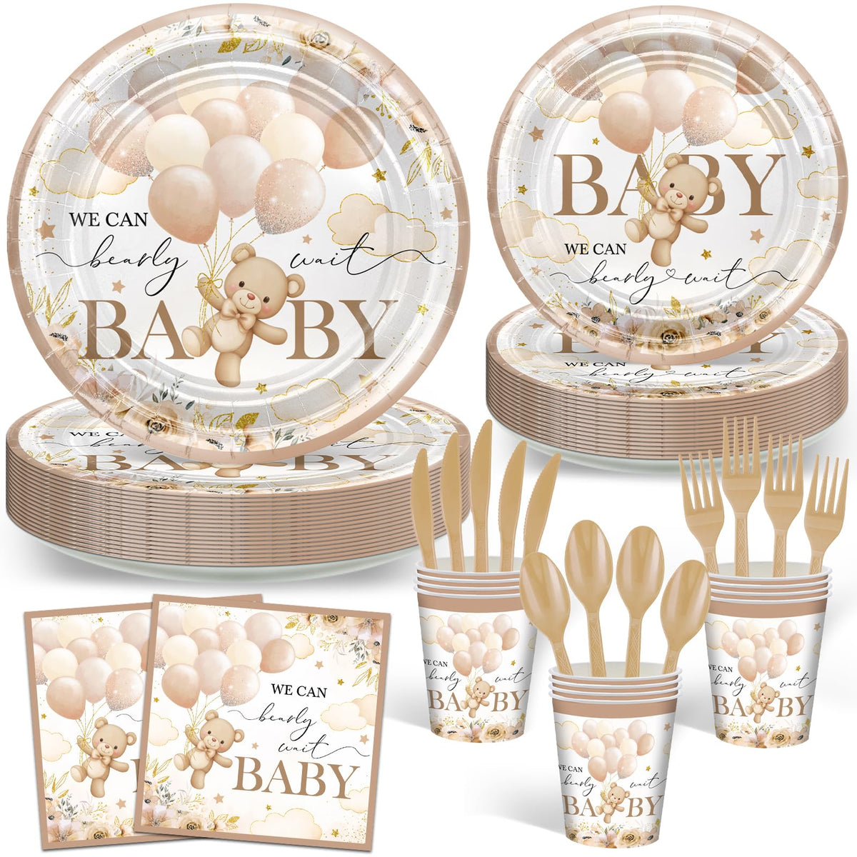 Avezano 168 PCS Bear Baby Shower Set with a woodland bear motif perfect for party tables.
