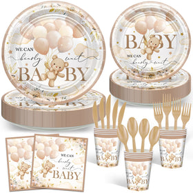 Avezano 168 PCS Bear Baby Shower Set with a woodland bear motif perfect for party tables.