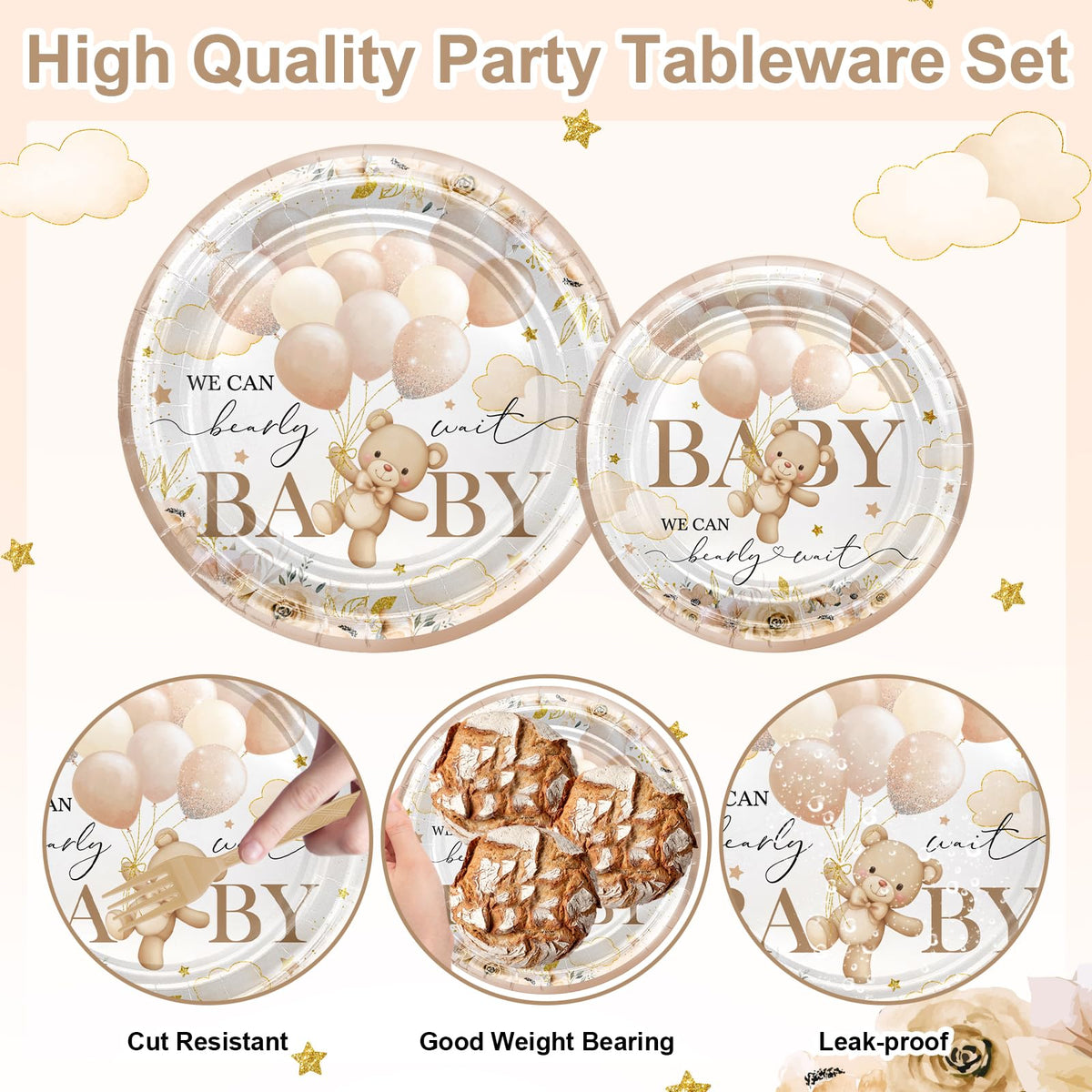 Avezano bear-design dessert plates add cute flair to the party spread.