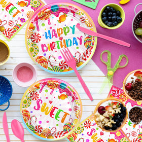 Avezano Candyland table setup showing coordinated tableware for guests