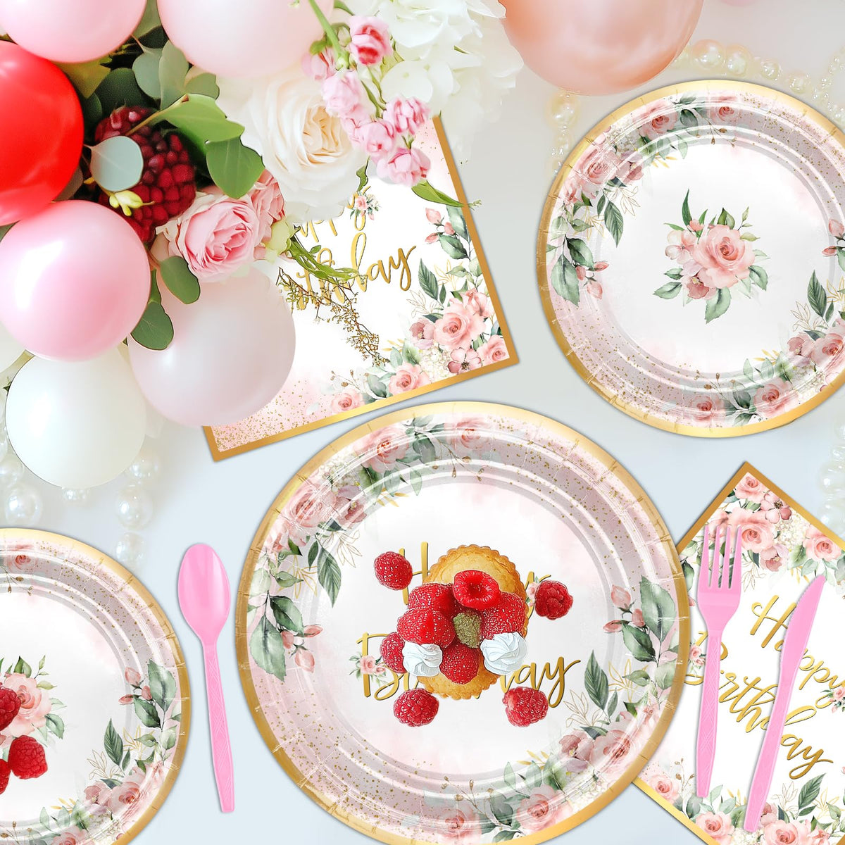 Avezano rose gold floral birthday napkins add chic decor to your party.