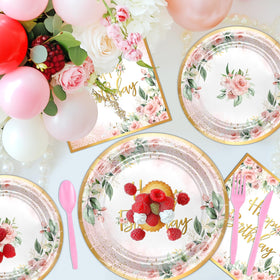 Avezano rose gold floral birthday napkins add chic decor to your party.