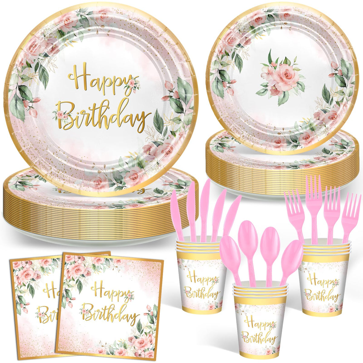 Avezano rose gold floral birthday set on table for an elegant celebration.