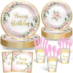 Avezano rose gold floral birthday set on table for an elegant celebration.