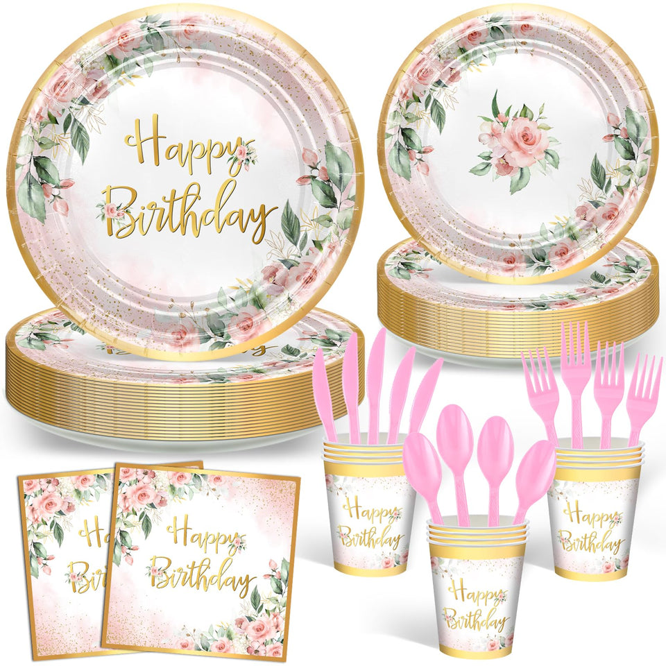 Avezano rose gold floral birthday set on table for an elegant celebration.