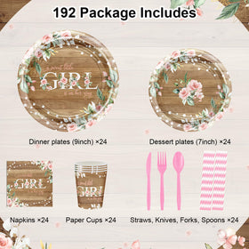 Avezano 9-inch girl baby shower plates with pink floral print for stylish decor.