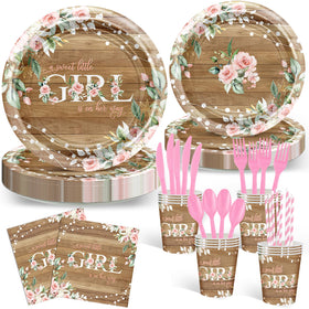 Avezano rustic girl baby shower tableware laid out for 24 guests, easy cleanup.