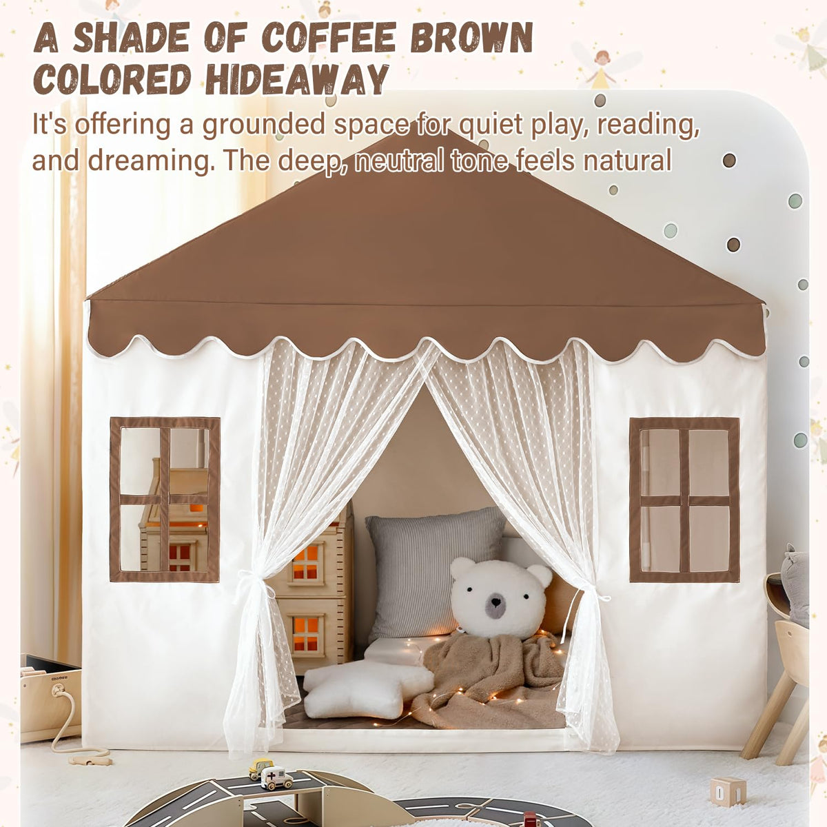 Avrsol play tent with mat brown, machine washable for easy cleanup.