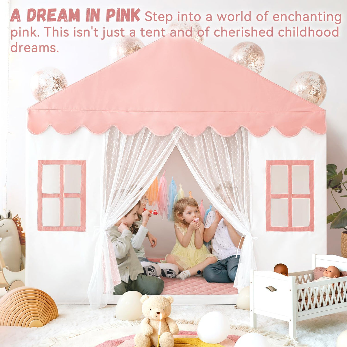 Avrsol machine-washable play tent pink for simple cleanup after play.