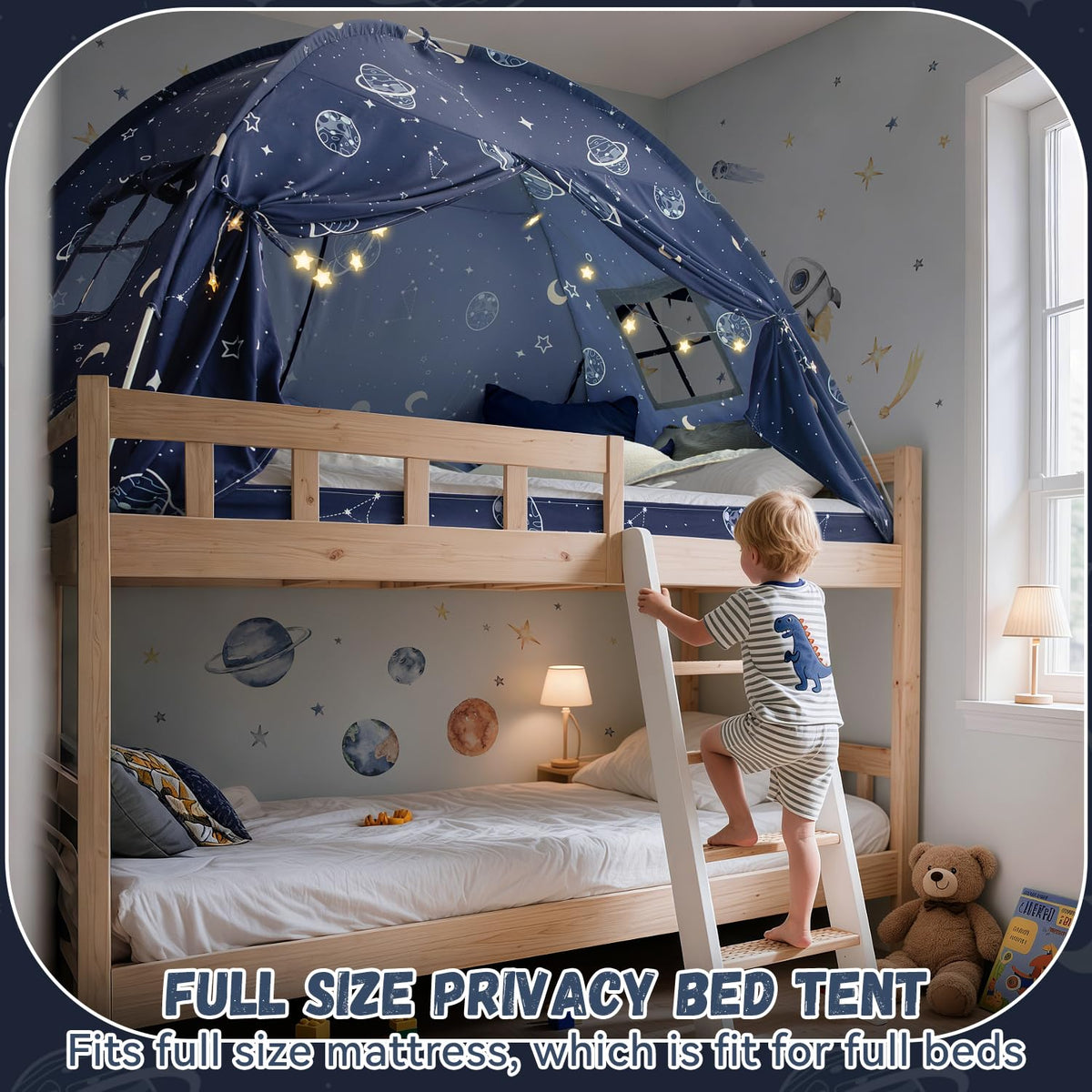 Avrsol privacy bed tent with spaceship theme for calm, distraction-free naptime and dream world exploration.