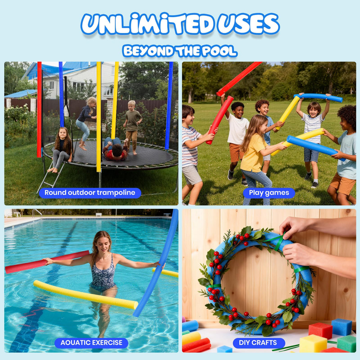AVVKED yellow pool noodles provide bright buoyancy for group games and swimming practice.