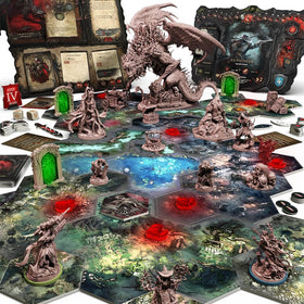 Awaken Realms Grimcoven miniatures diorama shows detailed sculpts for tabletop painting references.
