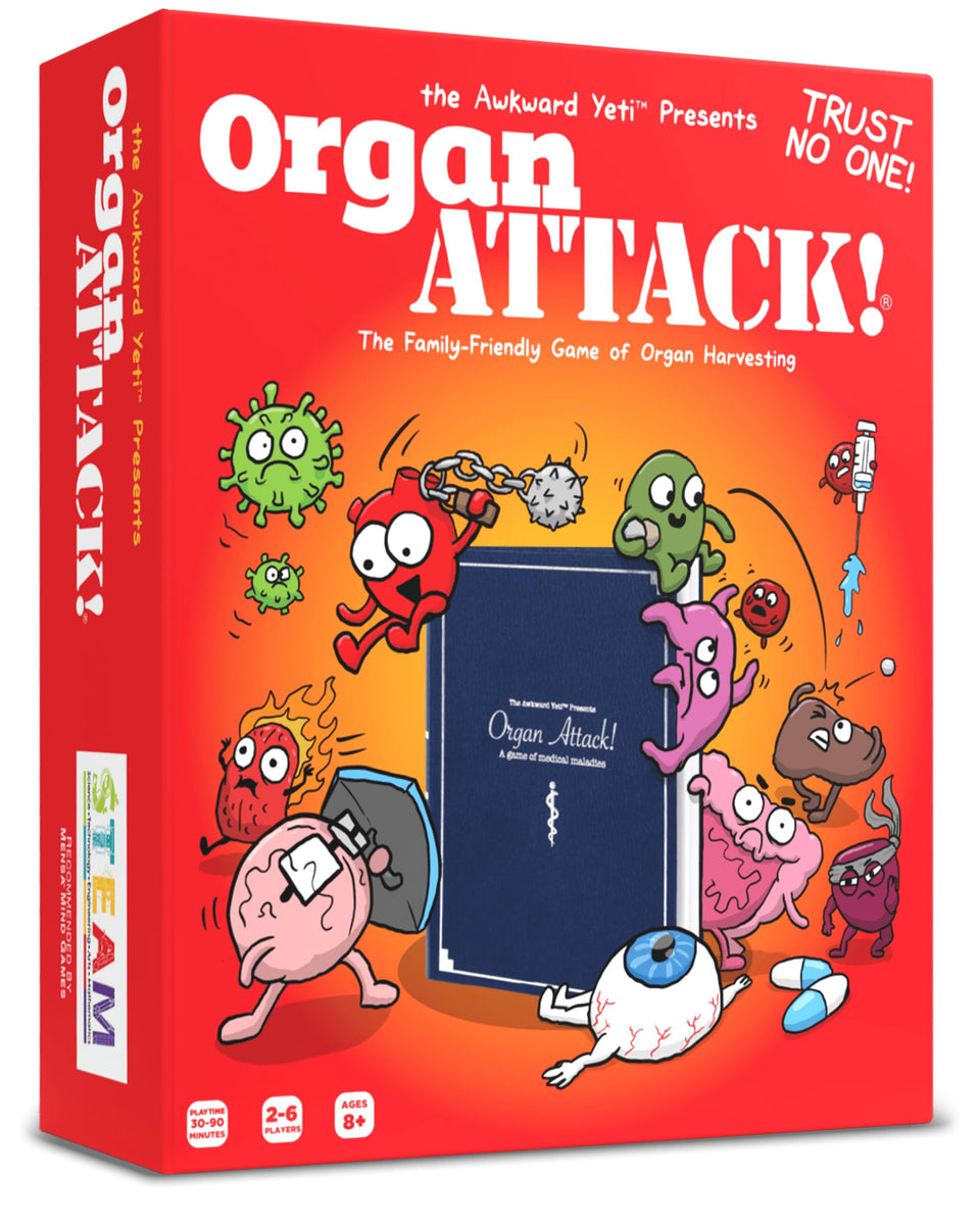 The Awkward Yeti Organ Attack packaging signals a family-friendly anatomy game.