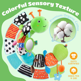 AWOTOY caterpillar toy showcases six patterns for visual variation.