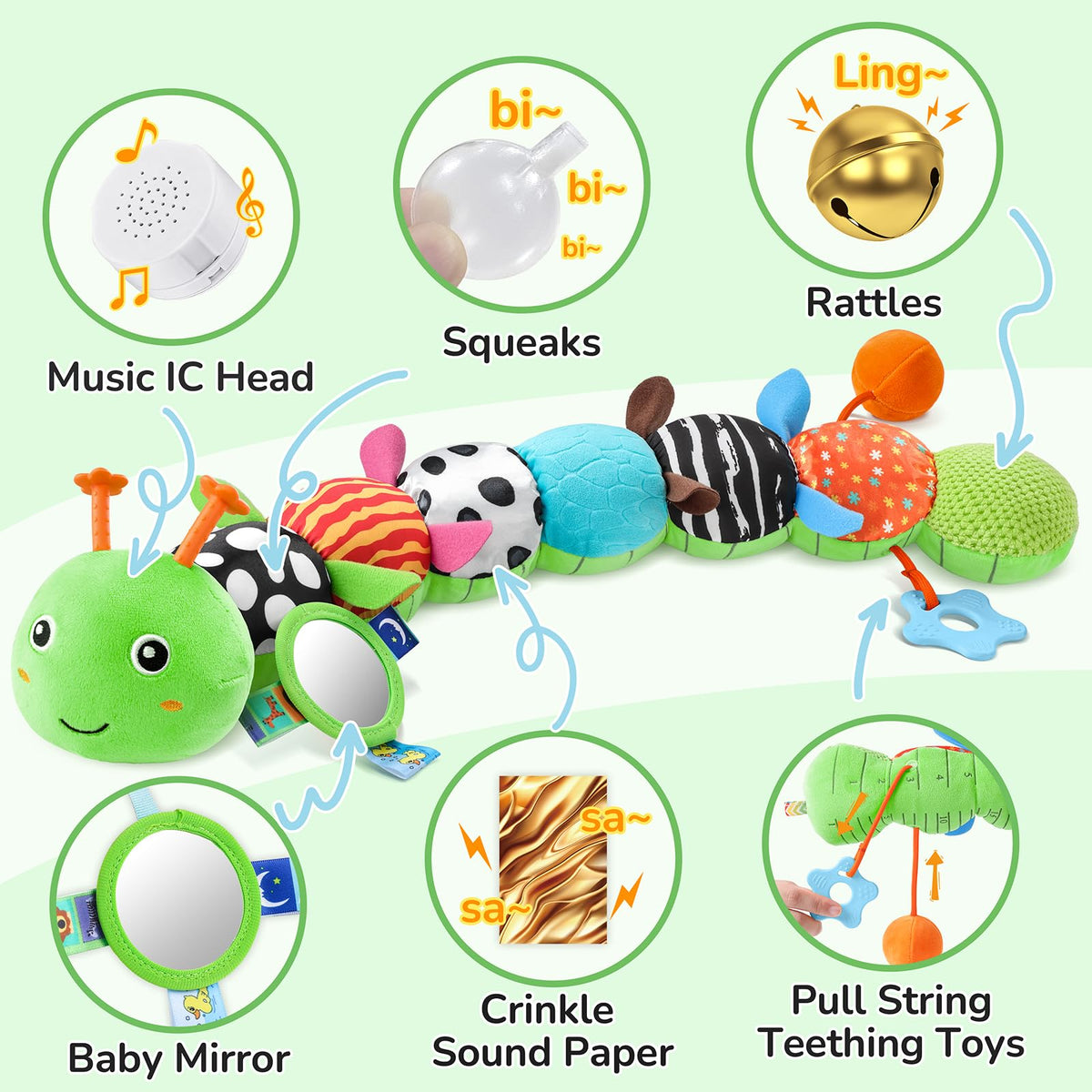 AWOTOY caterpillar toy features rattle at the end for engagement.