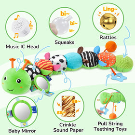 AWOTOY caterpillar toy features rattle at the end for engagement.