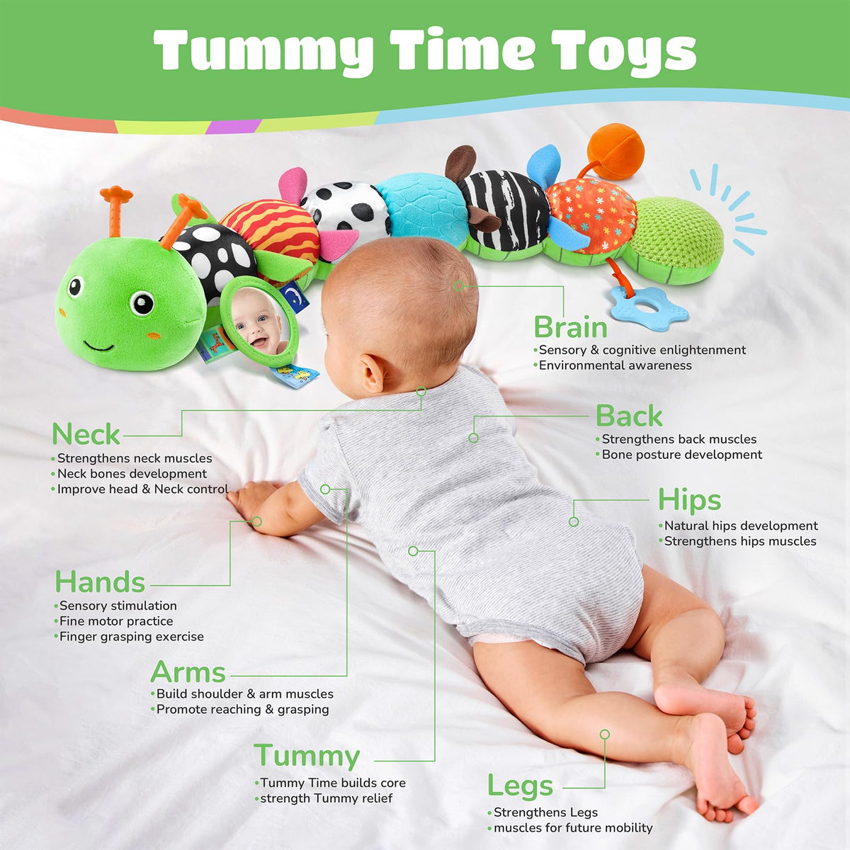 AWOTOY caterpillar toy teething plush for soothing gums.