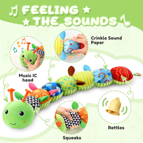 AWOTOY caterpillar body features rattle and bell sounds for exploration.