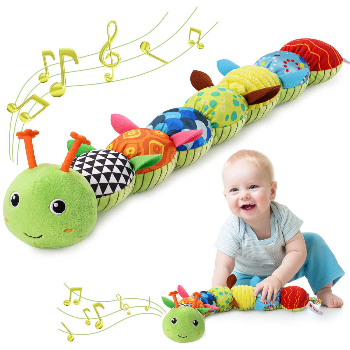 AWOTOY caterpillar head music toy soothes baby with a gentle lullaby.