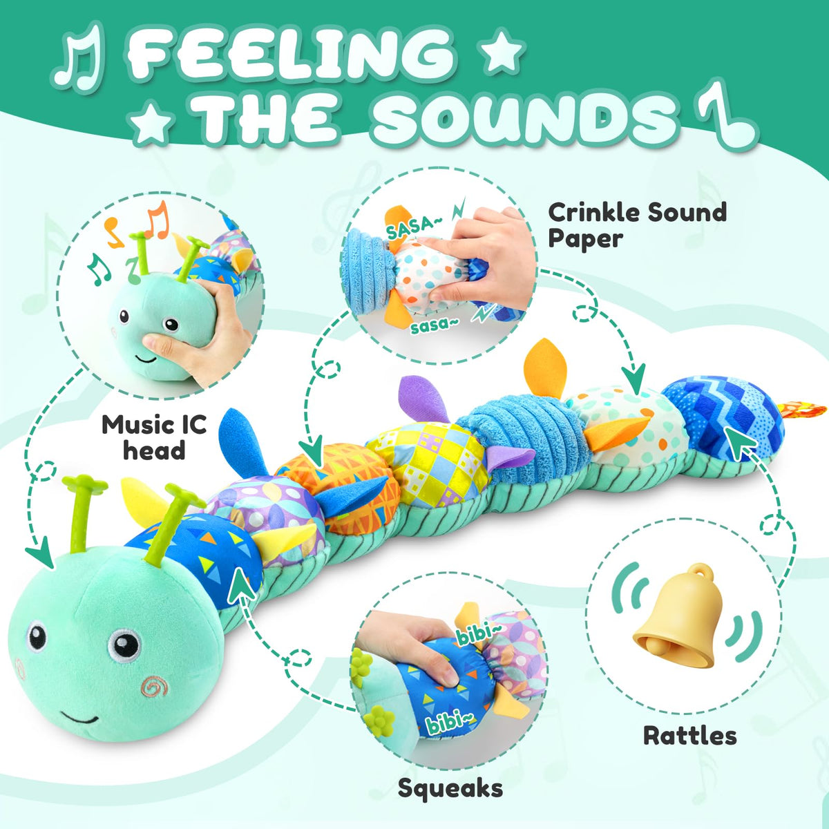 AWOTOY Caterpillar toy with rattle design encourages fine motor play