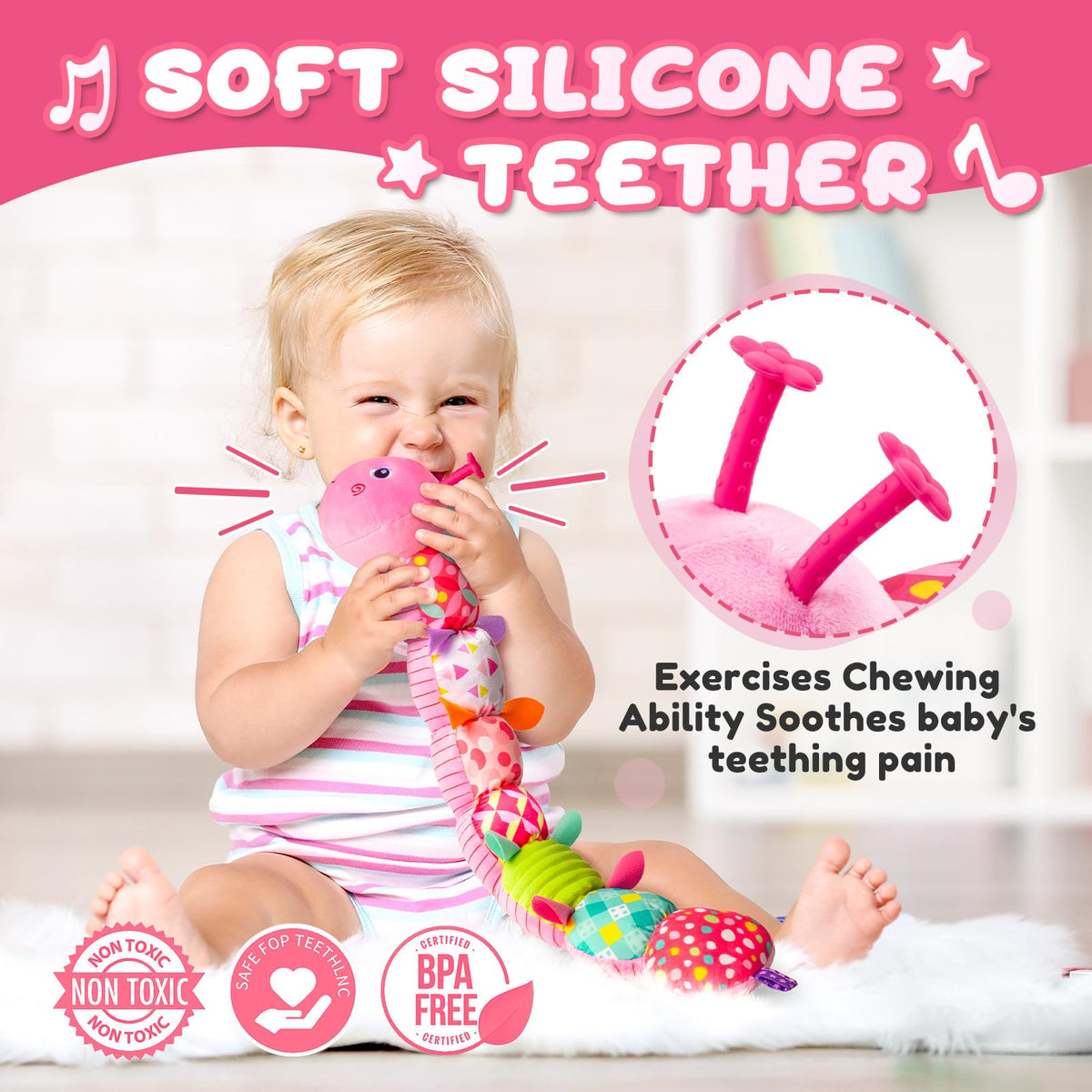 AWOTOY Caterpillar pink crinkle—crinkle sounds support auditory development