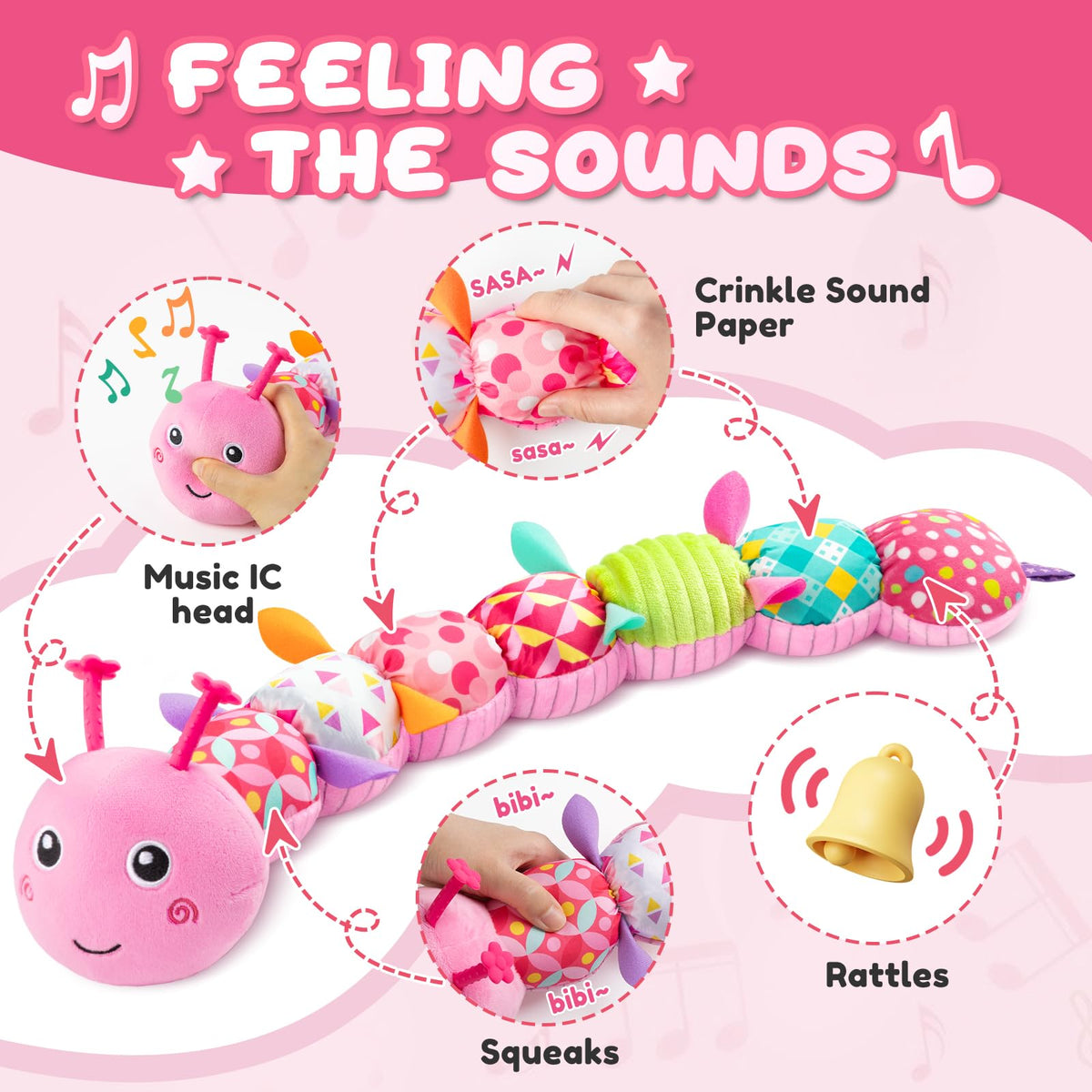 AWOTOY Caterpillar pink tail bell—built-in bell captures baby's attention