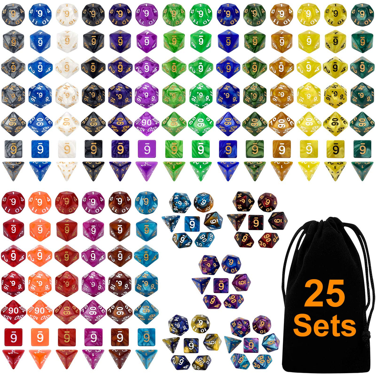 Awpeye 25-set polyhedral dice with durable acrylic for smooth rolls.