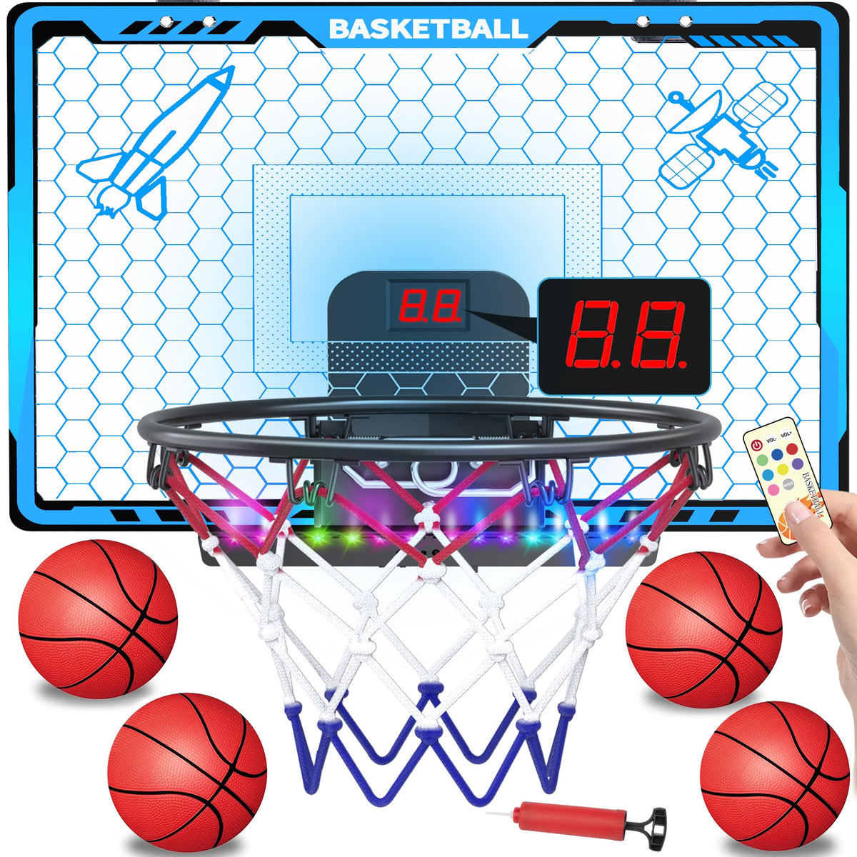 Awsoo indoor hoop with LED scoreboard highlighting scores and celebrations