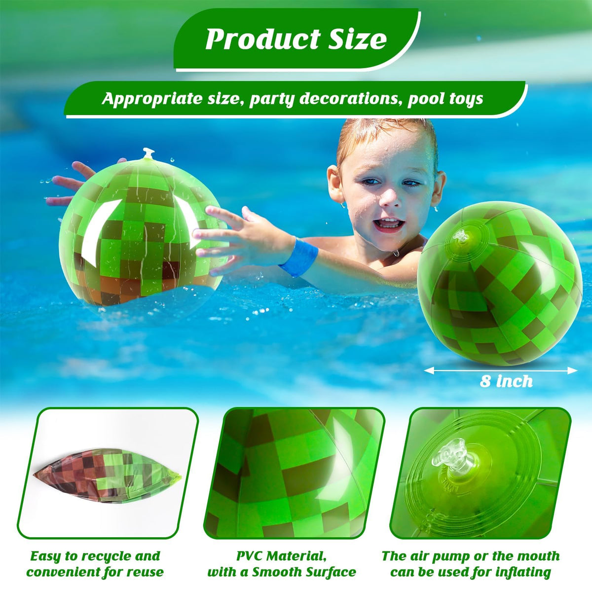 AXBMM 8-inch green pixel beach ball close-up highlighting puncture-resistant surface.