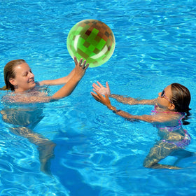 AXBMM kids party favor green pixel beach ball highlighting quick inflation and easy use.