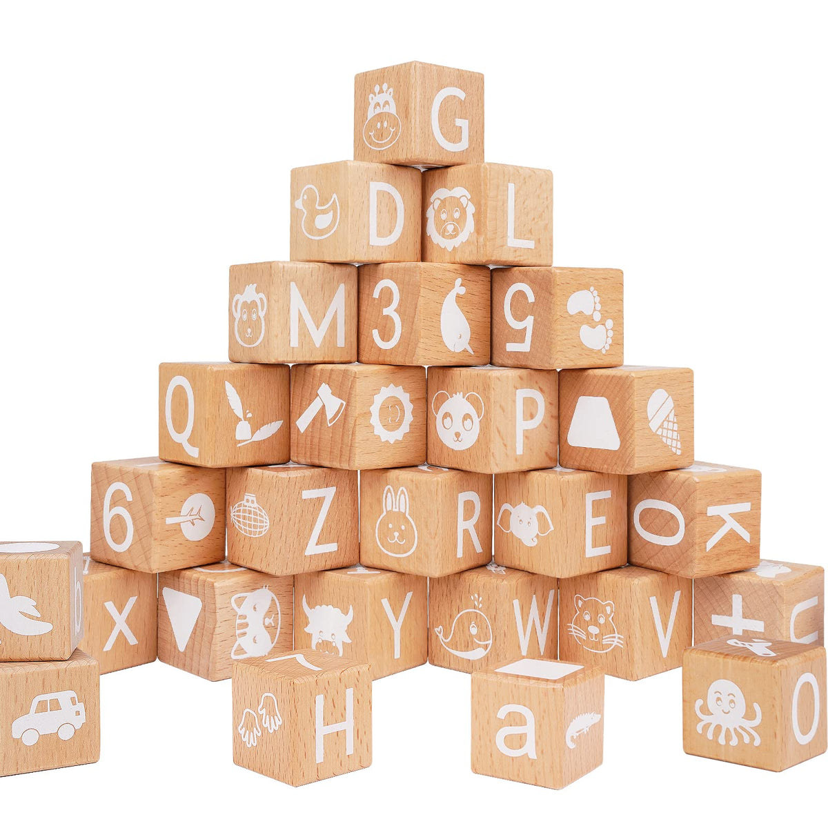 AXEARTE wooden alphabet blocks close-up showing letters for early literacy