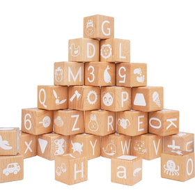 AXEARTE wooden alphabet blocks close-up showing letters for early literacy