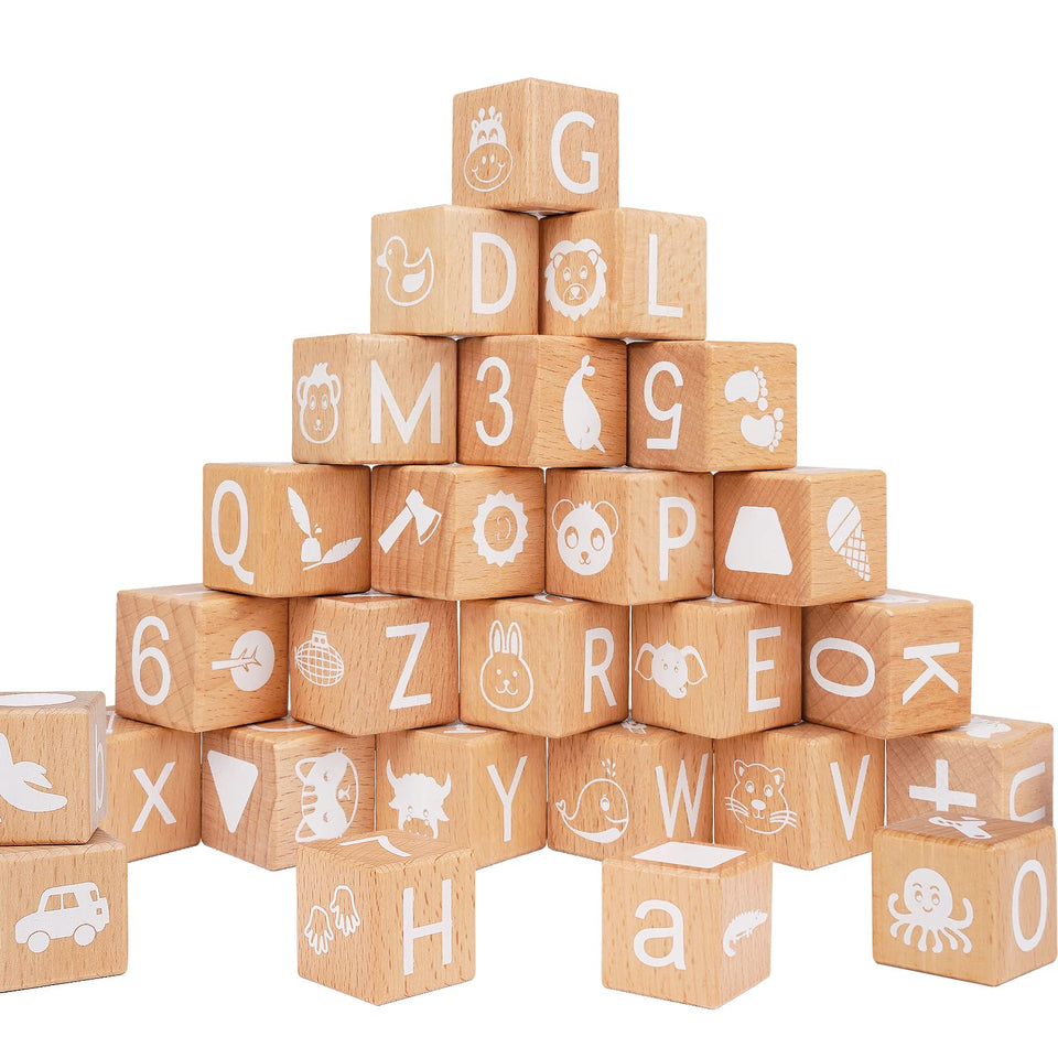 AXEARTE wooden alphabet blocks close-up showing letters for early literacy