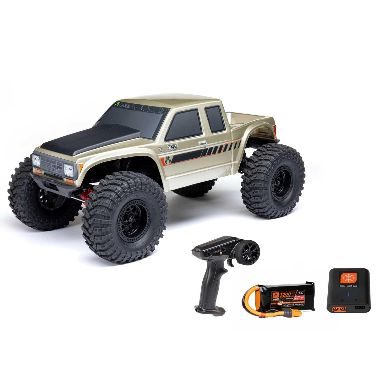 Axial SCX10III Coyote body with bold gold finish for trail-ready presence.