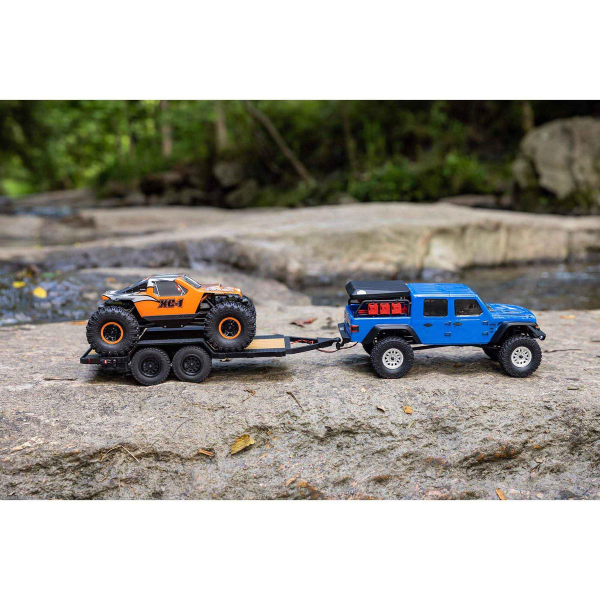 Axial SCX24 trailer LED running lights close-up showcase visibility.