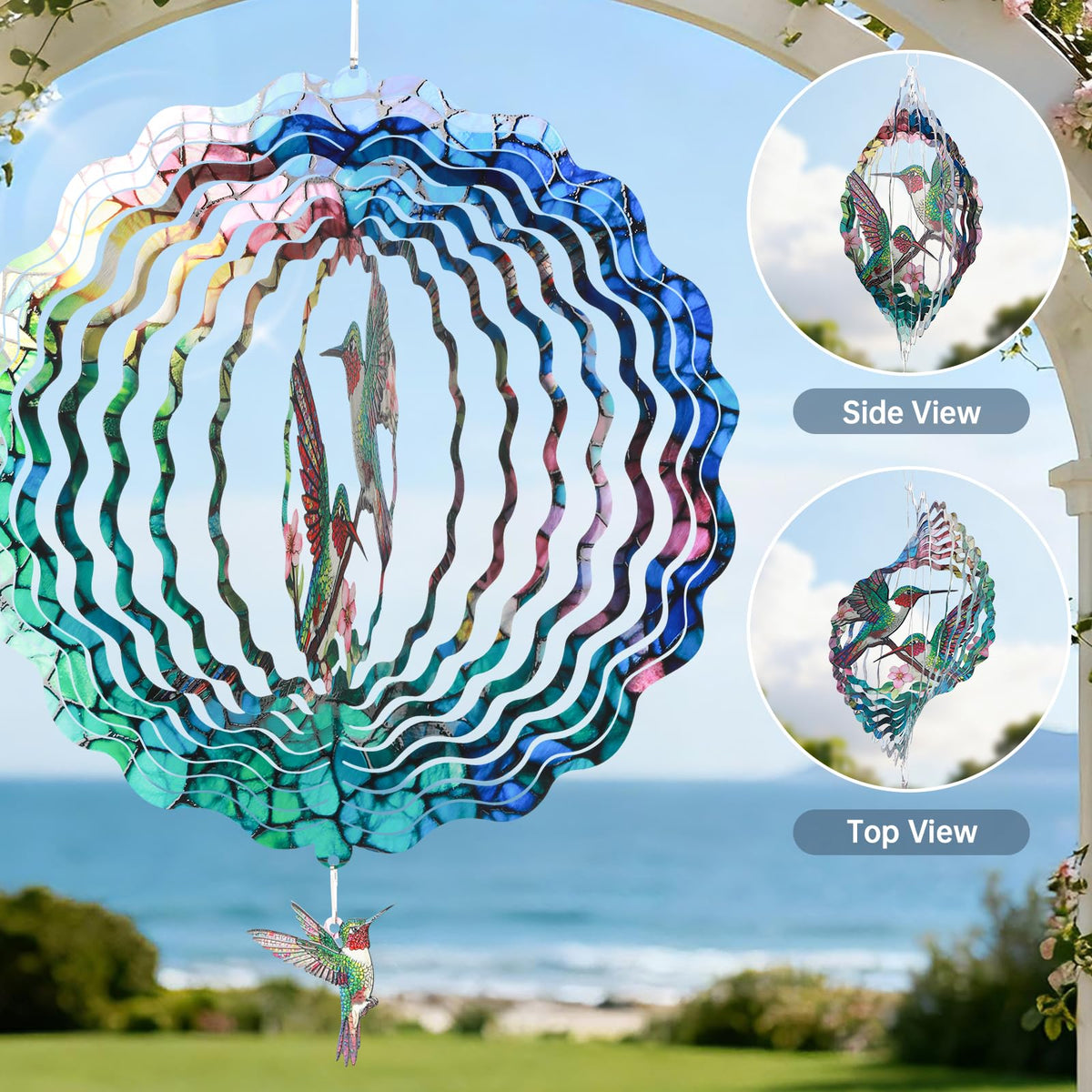 Ayadon hummingbird wind spinner catching light, creating dynamic color shifts in sunlight.