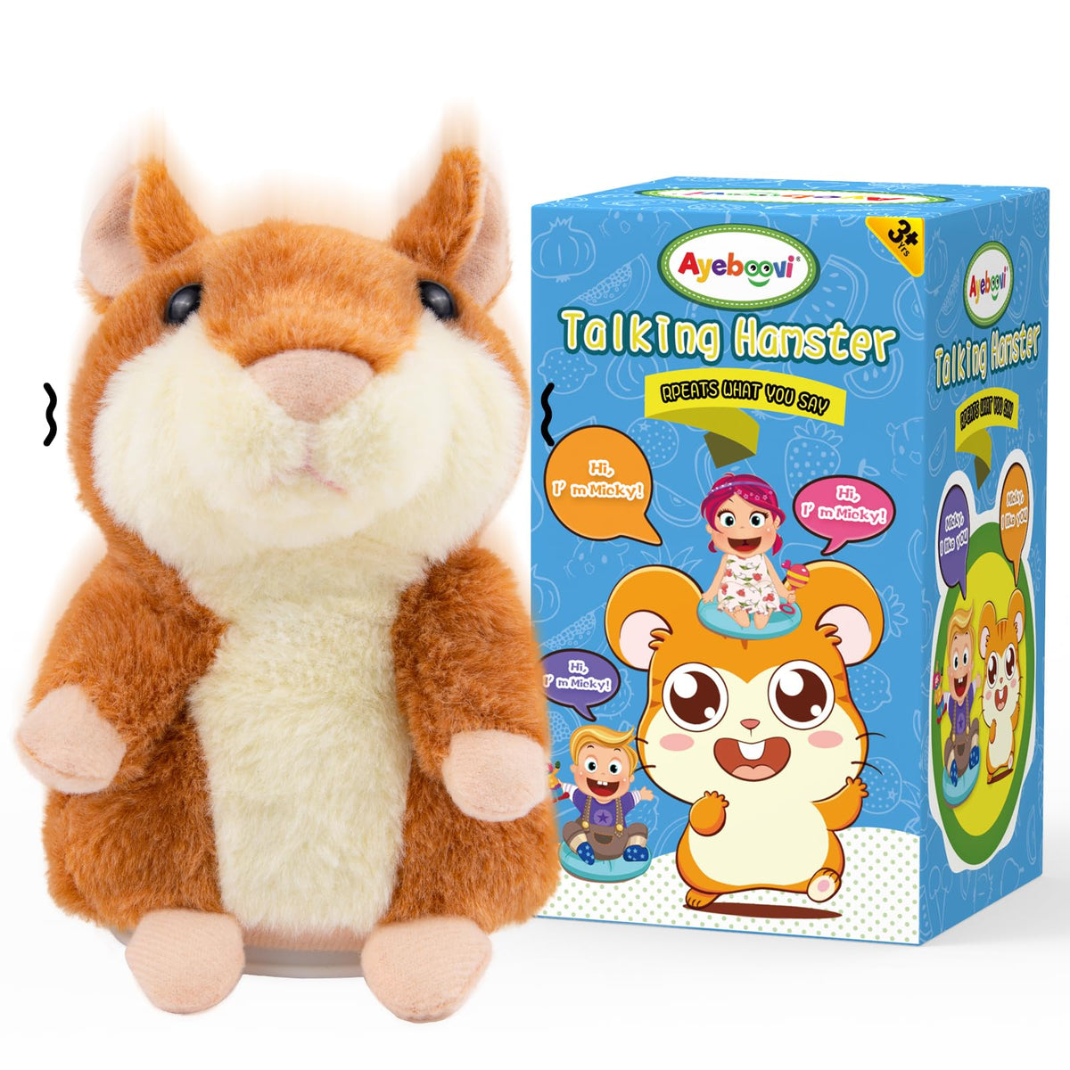 Ayeboovi talking hamster repeats your words in a cute voice with soft plush for toddlers.