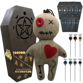 Ayidawedo authentic LOA voodoo doll coffin box displaying seven symbols for ritual curiosity.