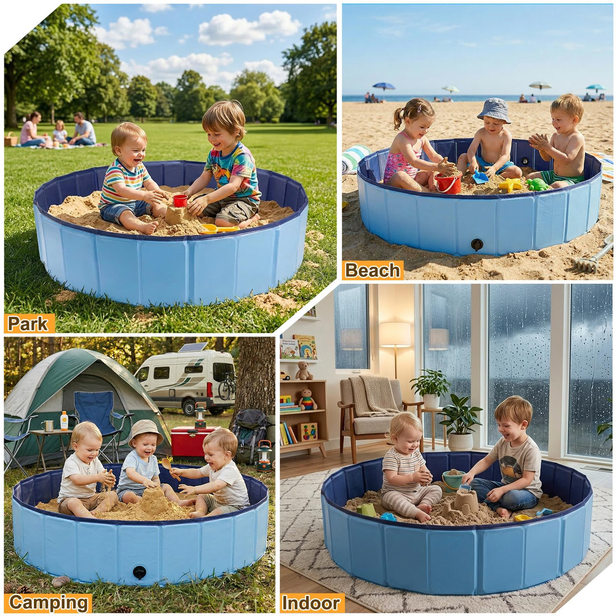 Aywewii Foldable Sandbox drain cap enables quick sand cleanup.