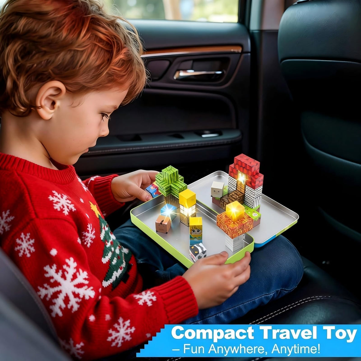 Aywewii blocks on an airplane provide screen-free entertainment for kids