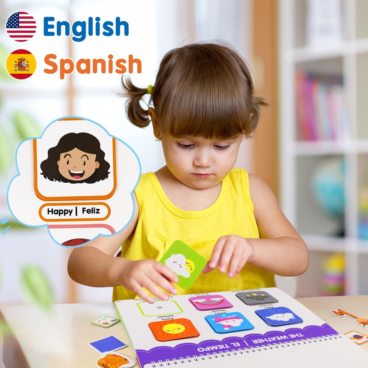 Ayyomo bilingual pages show English and Spanish prompts for early literacy.