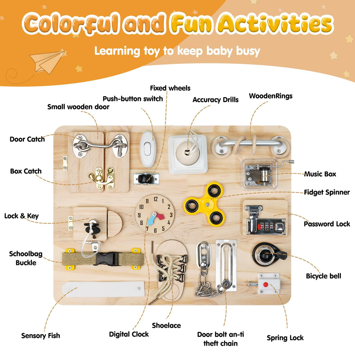 Azoravio Busy Board 18-in-1 activity highlights diverse learning through touch.