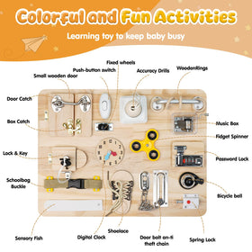 Azoravio Busy Board 18-in-1 activity highlights diverse learning through touch.