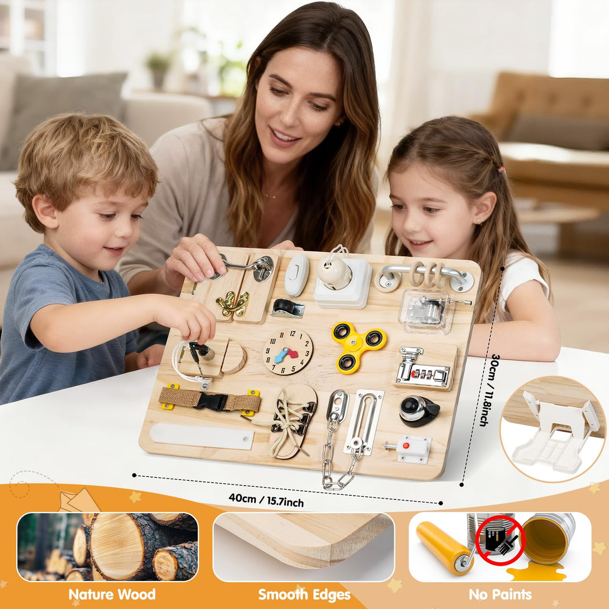 Azoravio Busy Board in a cozy living room setup for family engagement.