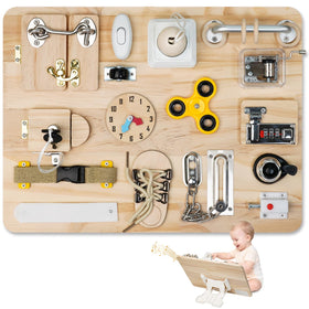 Azoravio Busy Board front view shows Montessori design for early skills.