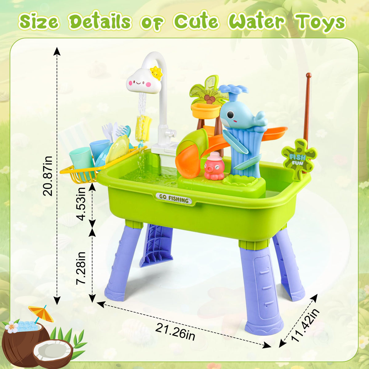 AZTWMYS 4-in-1 play station supports sand, water, kitchen, and fishing.