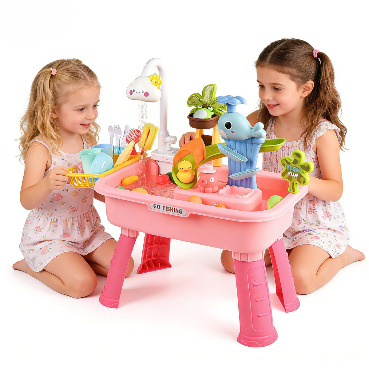 AZTWMYS 4-in-1 play station blends sand, water, kitchen sink and fishing games